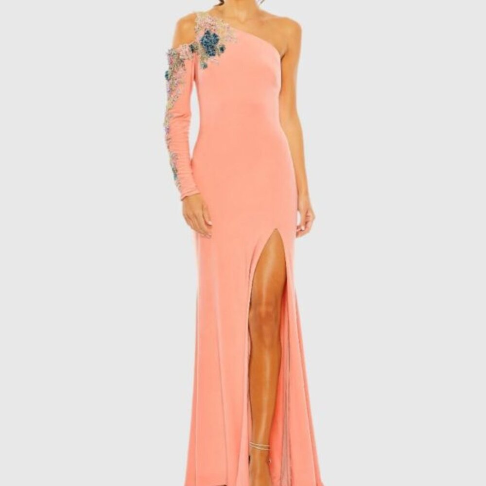 Mac Duggal 2204 One Shoulder Long Sleeve Floral Embellished Gown